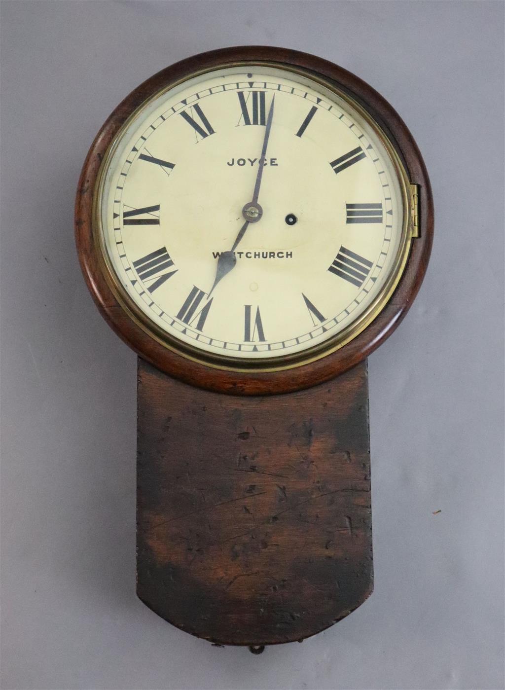 A 19th century mahogany drop dial railway wall clock, c.1840, height 20in.